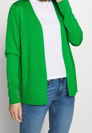 Osoba nosící jasně zelený cardigan bez zapínání přes bílé tričko a modré džíny, s jednou rukou zvednutou u obličeje.