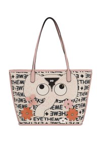 Geanta tote are un design cu un elefant roz cu ochi mari și o suprafață texturată. Inscripțiile în alb și negru decorează corpul cu accente florale.