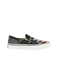 Scarpa slip-on nera in tela con suola in gomma bianca, caratterizzata da un motivo a spruzzo in tonalità di arancione e crema, con il logo Vans sui lati.