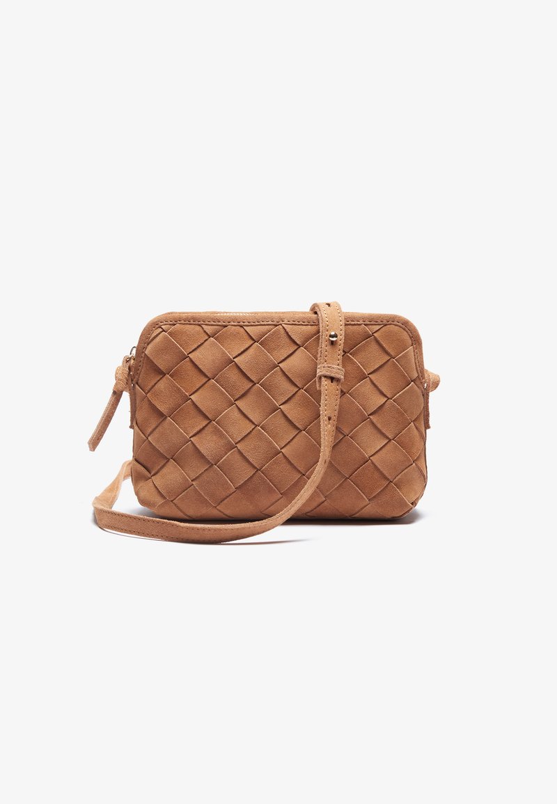 Braided brown suede crossbody bag with a zip closure, adjustable strap, and rectangular shape, featuring a soft texture and subtle sheen.
