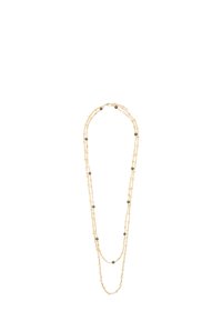 Złotona warstwowa naszyjnik z wydłużonymi, prostokątnymi ogniwami i okrągłymi koralikami, tworzący teksturowany wygląd z metalicznym wykończeniem.