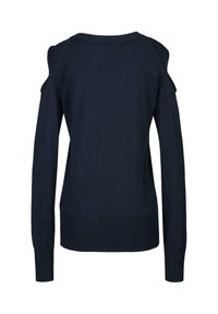 Navyblauer Pullover mit langen Ärmeln, kalten Schultern und gerippten Bündchen und Saum, von hinten gezeigt.