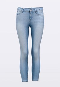 helehallid kitsad teksapüksid, mis on valmistatud denimist, klassikalise viis taskutega disainiga, ees nööpide sulgemisega ja õrnalt tuhmunud detailidega üle kogu püksipinna.