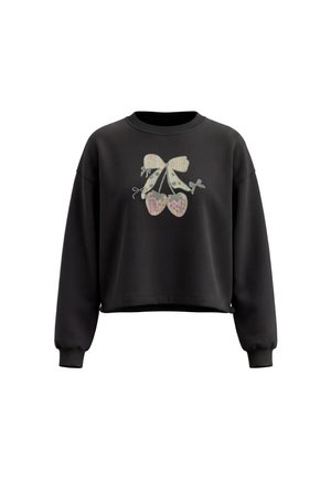 Sort langærmet sweatshirt med en paliet sløjfe og to hjerteformede kirsebærdesign på brystet, ribbet manchetter og rund halsudskæring.