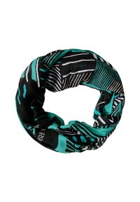 Sciarpa infinita multicolore con base nera, caratterizzata da motivi astratti in teal, bianco e verde, realizzata in tessuto liscio e leggero.