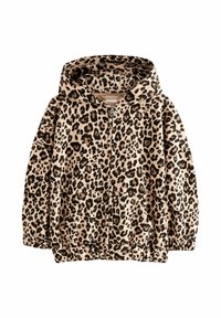 Hanorac cu fermoar și imprimeu leopard, cu glugă rotundă, manșete elastice și două buzunare frontale. Materialul este moale, cu o textură pufoasă.