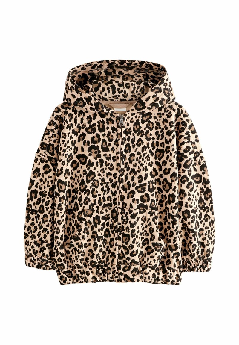 Hanorac cu fermoar și imprimeu leopard, cu glugă rotundă, manșete elastice și două buzunare frontale. Materialul este moale, cu o textură pufoasă.
