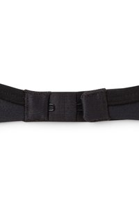 Cintura nera regolabile con finitura testurizzata e chiusura a doppia fibbia, caratterizzata da un hardware resistente e un lato inferiore liscio.