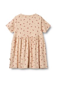 Bézs rövid ujjú kisgyermek ruha, összehúzott derékrésszel és apró, piros virágmintával egyenletesen elosztva a szöveten.