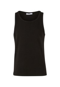 Schwarzes Baumwolltanktop mit rundem Halsausschnitt und weit geschnittenen Armöffnungen, zeichnet sich durch eine glatte Textur und einen lockeren Schnitt aus. Etikett liest "DEF."
