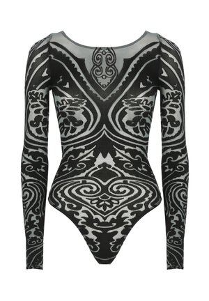 Long-sleeved bodysuit in black with a white ornate pattern, featuring a high scoop neckline and form-fitting silhouette.