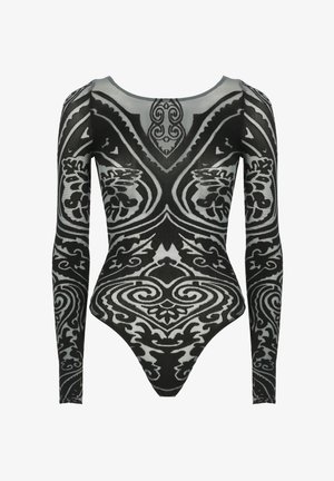 Body a maniche lunghe di colore nero con un motivo ornato bianco, caratterizzato da un collo a barca alto e una silhouette aderente.