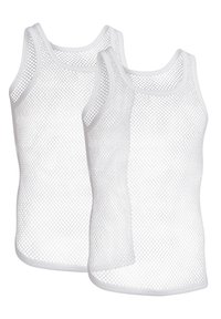 White mesh tank tops featuring a breathable fabric, sleeveless design, round neck, and a textured diamond pattern. Set of two.