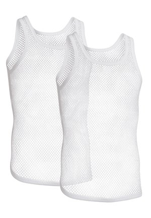 White mesh tank tops featuring a breathable fabric, sleeveless design, round neck, and a textured diamond pattern. Set of two.