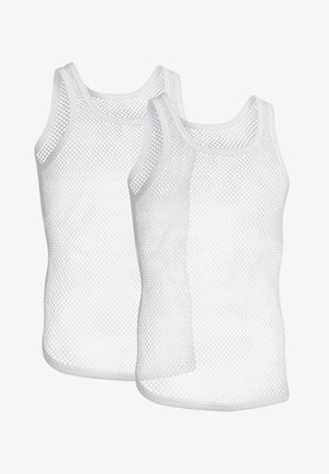 Hvide mesh tanktoppe med åndbart materiale, ærmeløs design, rund hals og et struktureret diamantmønster. Sæt med to.
