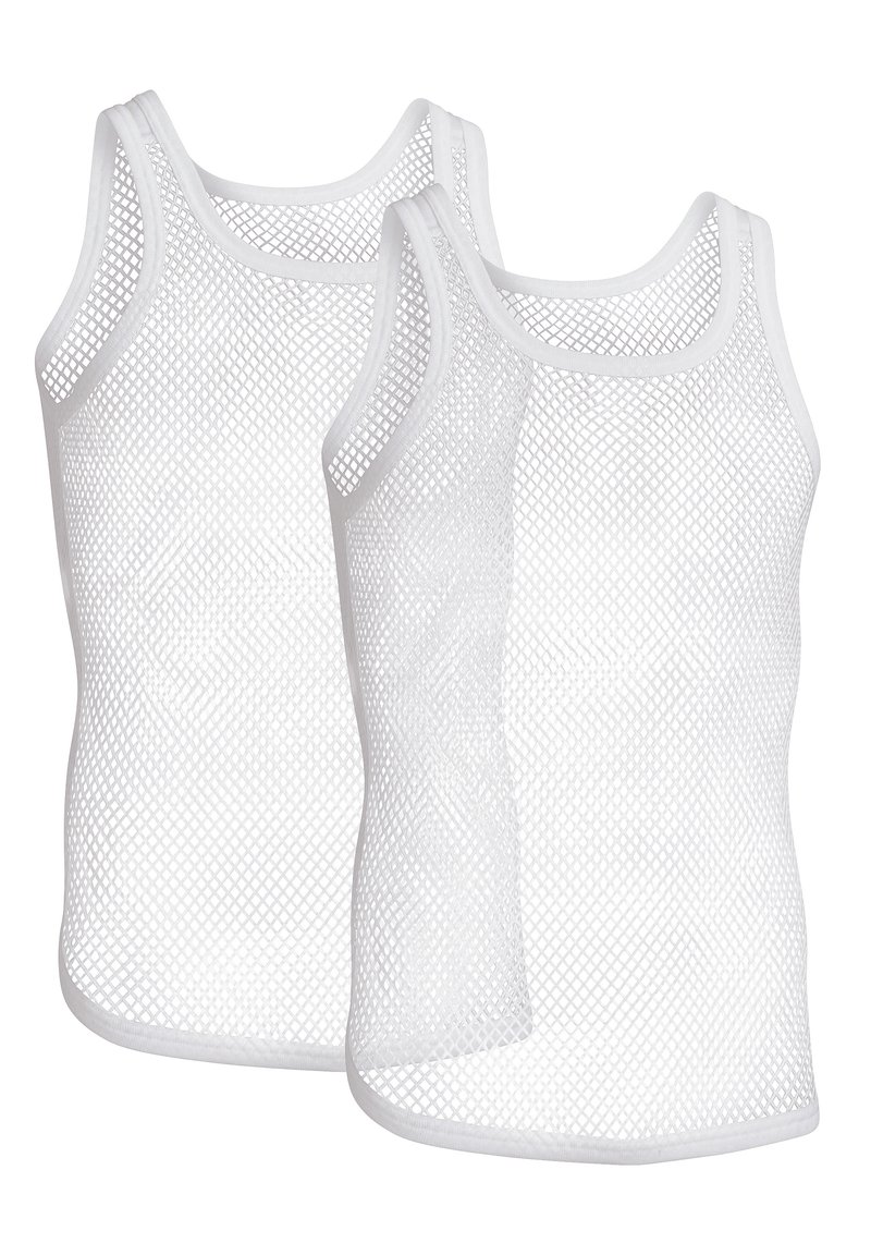 White mesh tank tops featuring a breathable fabric, sleeveless design, round neck, and a textured diamond pattern. Set of two.