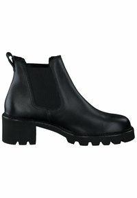 Bottes Chelsea en cuir noir avec une finition texturée, des panneaux élastiques sur les côtés et une semelle à crampons épaisse pour une meilleure adhérence et durabilité.