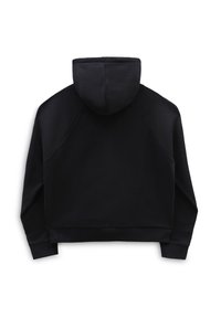 Svart huvtröja med en cropped design. Har raglanärmar och en slät textur. Inga synliga logotyper eller mönster.