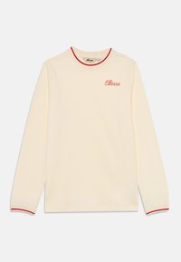 Kremfarget langermet T-skjorte i myk bomull, med rund hals med rød trim og matchende mansjetter. "Ellesse"-logo i rød brodering på brystet.