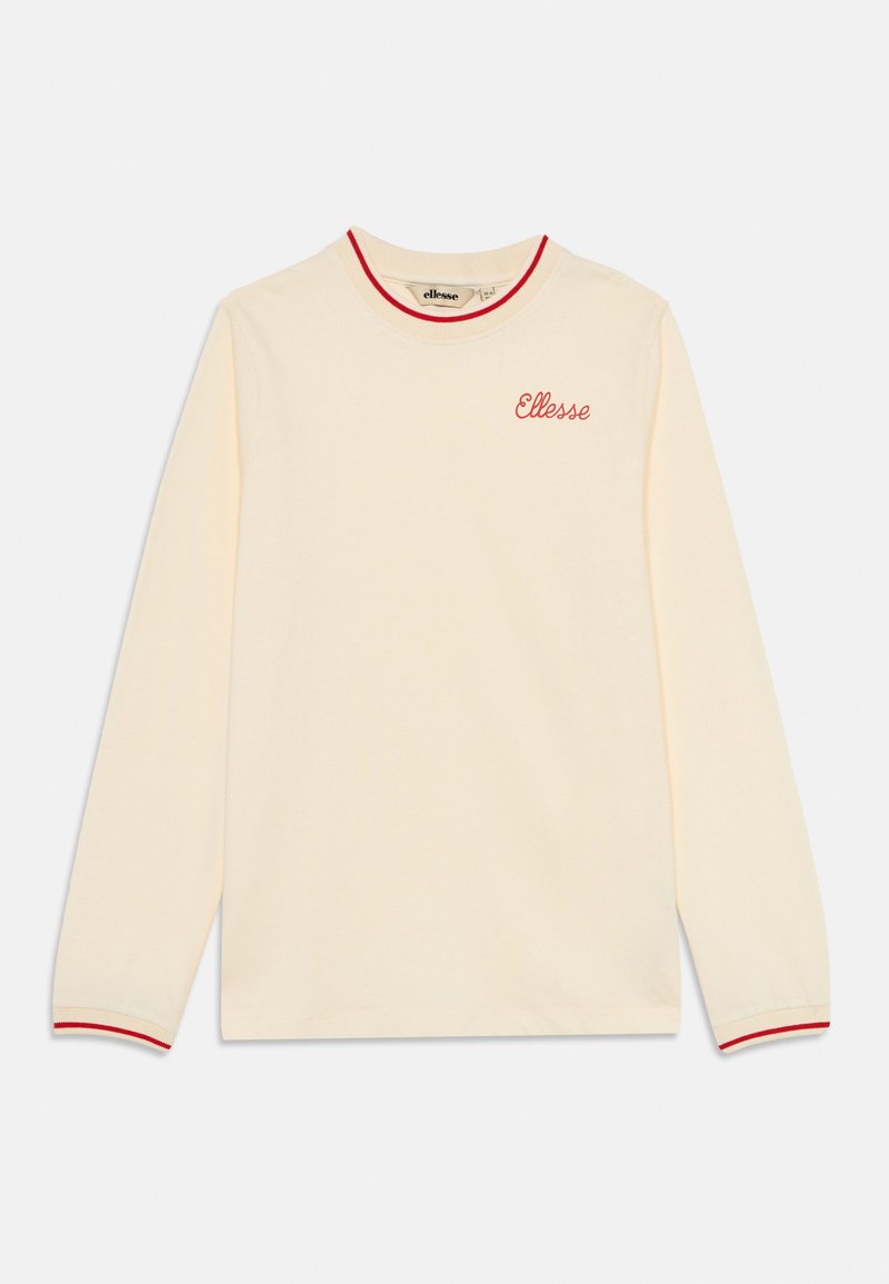 Krém színű, hosszú ujjú póló puha pamutból, kerek nyakkal, piros díszítéssel és illő mandzsettákkal. A mellkason piros hímzett "Ellesse" logó található.