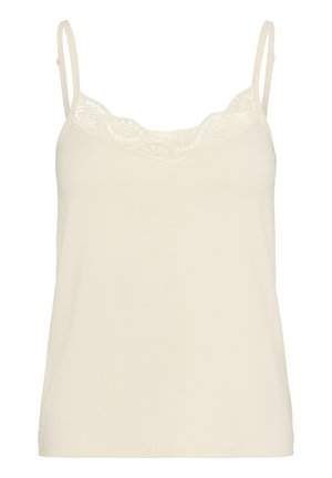Débardeur beige luxueux avec des bretelles spaghetti réglables, présentant un ourlet en dentelle festonnée au niveau de l'encolure. Tissu doux en mélange de coton.