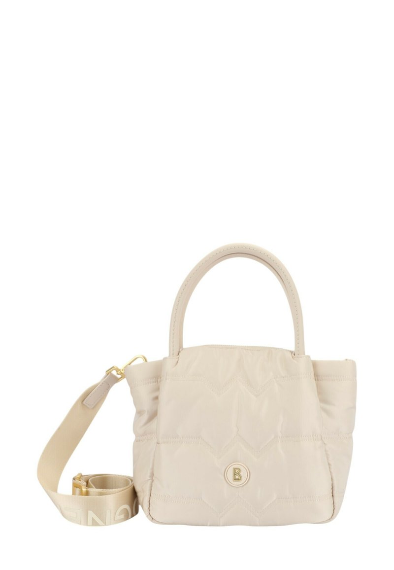 Borsa a tracolla quilted beige con manici doppi e tracolla rimovibile. Presenta dettagli in oro e un logo in rilievo sulla parte anteriore.