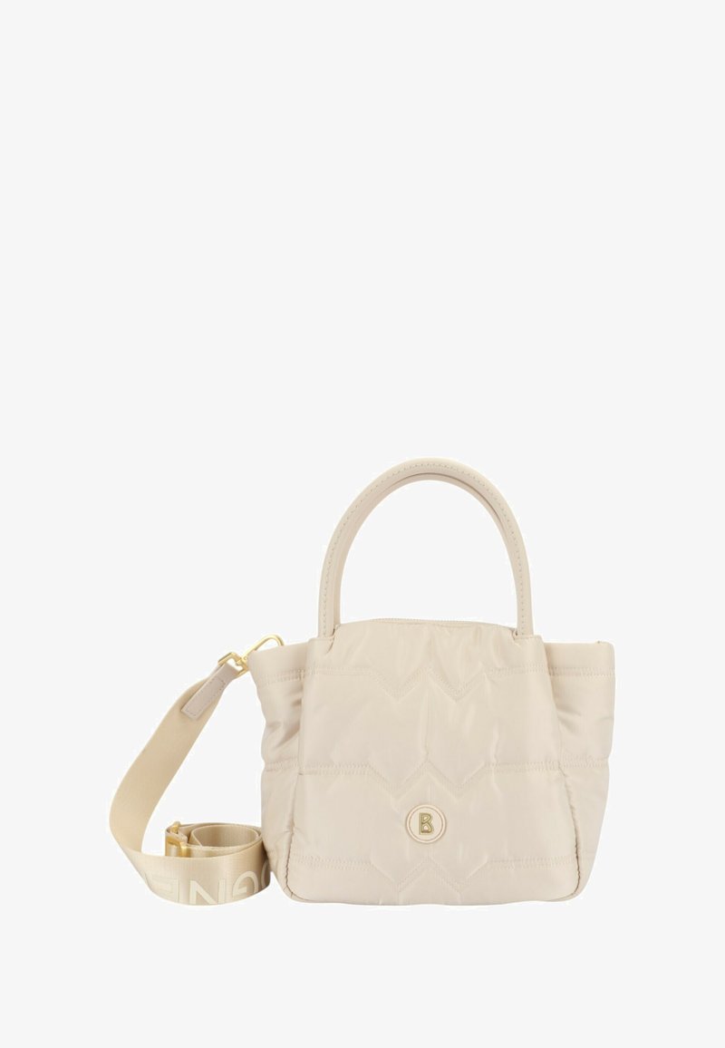 Beige quiltet taske med to håndtag og aftagelig skulderrem. Udstyret med guldfarvet hardware og et præget logo på forsiden.