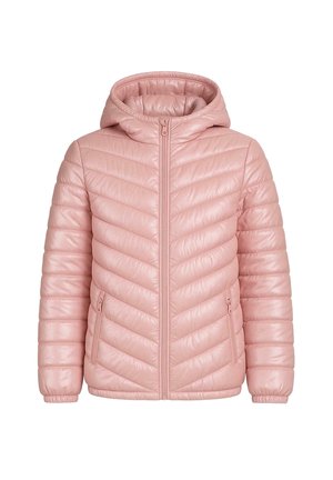 Lichtroze gewatteerde jas met capuchon, dikke padding, voorvak met rits en ritssluitingen aan de zijkanten, ontworpen voor warmte en comfort.
