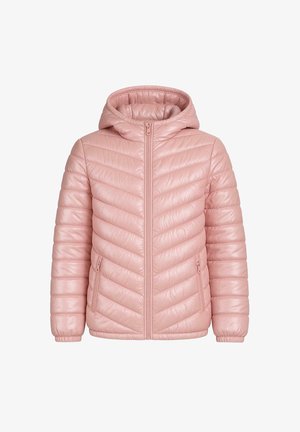 Lichtroze gewatteerde jas met capuchon, dikke padding, voorvak met rits en ritssluitingen aan de zijkanten, ontworpen voor warmte en comfort.