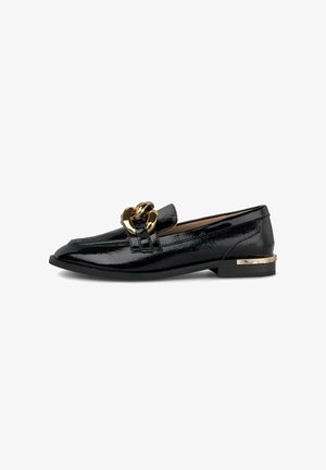 Black patent leather loafer with pointed toe, gold chain detail on top, and small gold accent on stacked low heel.
