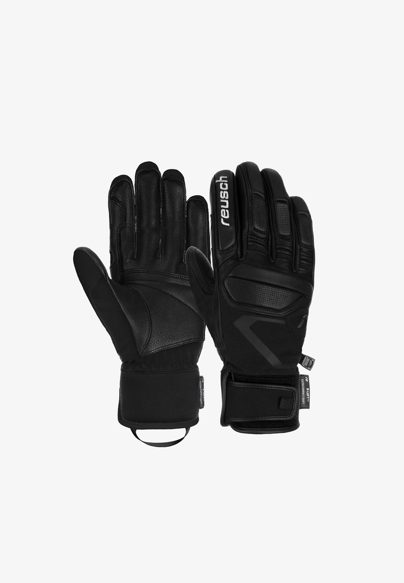 Sorte vinterhandsker med læderflader, tekstureret stof, justerbare håndledsremme og branding på siden; designet til varme og greb.