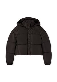 Czarna, krótka kurtka puchowa z kapturem, z gładkiej nylonowej powierzchni, o pudełkowym kształcie, z elastycznymi mankietami i pikowanymi sekcjami.