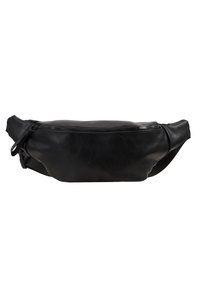Sac banane en cuir noir avec fermeture éclair et sangle ajustable, conçu pour un port mains libres.