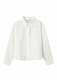 Witte cropped button-up shirt van soepel materiaal, met een kraag, lange mouwen, een knopenlijst aan de voorkant en een subtiel gespikkeld patroon.