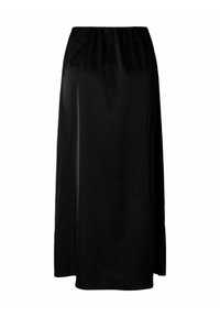 Μαύρη μίντι φούστα με λείο, ελαφρώς γυαλιστερό ύφασμα και ελαστική μέση, παρουσιάζεται σε λευκό φόντο.