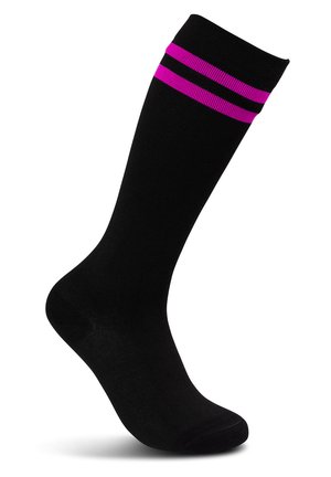 Knielange schwarze Socke aus einem dehnbaren Material, mit zwei horizontalen lila Streifen oben. Glatte Textur und taillierte Form.