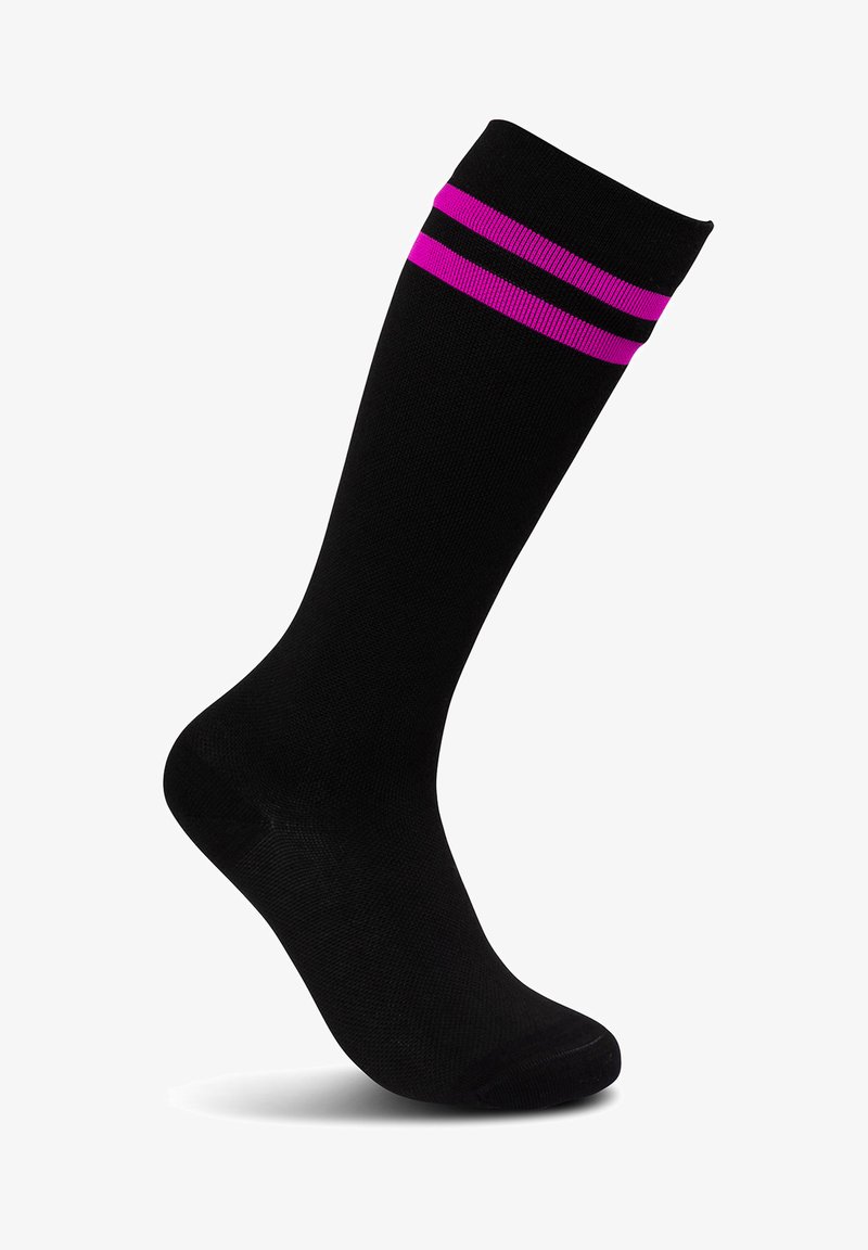 Calcetín negro hasta la rodilla hecho de un material elástico, con dos franjas moradas horizontales en la parte superior. Textura suave y forma ajustada.