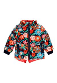 Gewatteerde jas met een levendig bloemenpatroon met rode, oranje en blauwe bloemen op een donkere marine achtergrond. Inclusief capuchon en frontale rits.