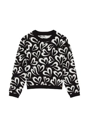 Czarny sweter z białymi abstrakcyjnymi wzorami serc, z okrągłym dekoltem i długimi rękawami, ułożony na płasko na białym tle.