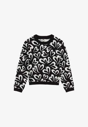 Maglione nero con motivi astratti di cuori bianchi, collo tondo e maniche lunghe, mostrato disteso su sfondo bianco.