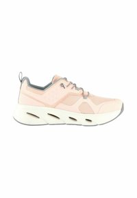 Sneaker rosa chiaro con upper in mesh testurizzato, accenti grigi e una suola bianca spessa con sezioni ritagliate per traspirabilità e supporto.