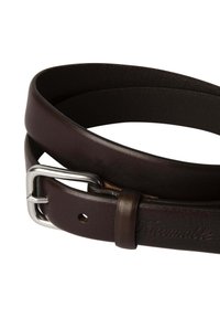 Brown leather belt with a silver metal buckle, featuring a smooth texture and embossed branding details on the strap.