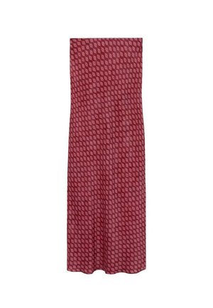 Red patterned dress featuring a geometric design, made from soft fabric, with a straight-cut silhouette and a floor-length hem.