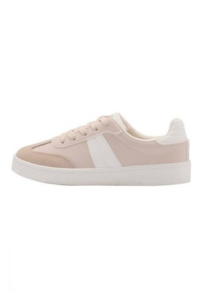 Rosa und weiße Sneakers mit glattem Synthetik-Obermaterial, abgerundeter Zehenpartie und weißer Gummisohle. Mit Schnürsenkeln und einem strukturierten Fersenakzent.