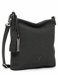 Borsa in pelle nera perforata con una forma morbida, tracolla regolabile, nappina decorativa e dettagli in metallo. Presenta un discreto logo.