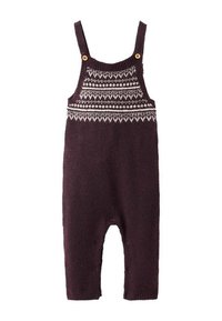 Salopetă tricotată burgund cu design alb și model, bretele reglabile, accente cu nasturi din lemn și închideri cu snaps la baza.