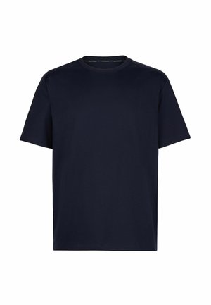 Marinblå t-shirt med kort ärm i mjuk bomull. Har rundad halsringning och en avslappnad passform utan mönster eller dekorationer.