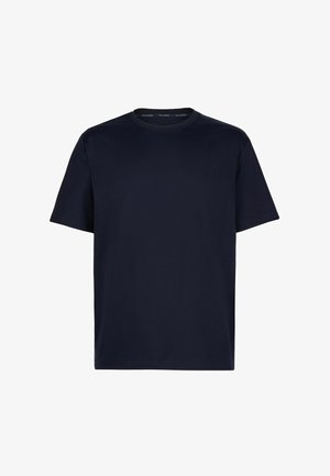 Mørkeblå kortærmet t-shirt lavet af blødt bomuld. Har en rund halsudskæring og en afslappet pasform uden mønstre eller pynt.
