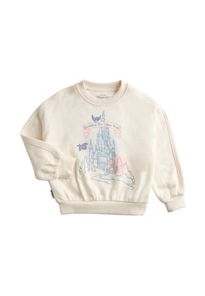Sweat-shirt pour enfants couleur crème avec un château de conte de fées, deux oiseaux bleus, et la phrase "Les rêves deviennent réalité" sur le devant.