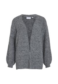 Grå stickad cardigan med V-krage, öppen framsida och ballongsärmar. Tillverkad av ett mjukt, texturerat material och har en avslappnad passform.